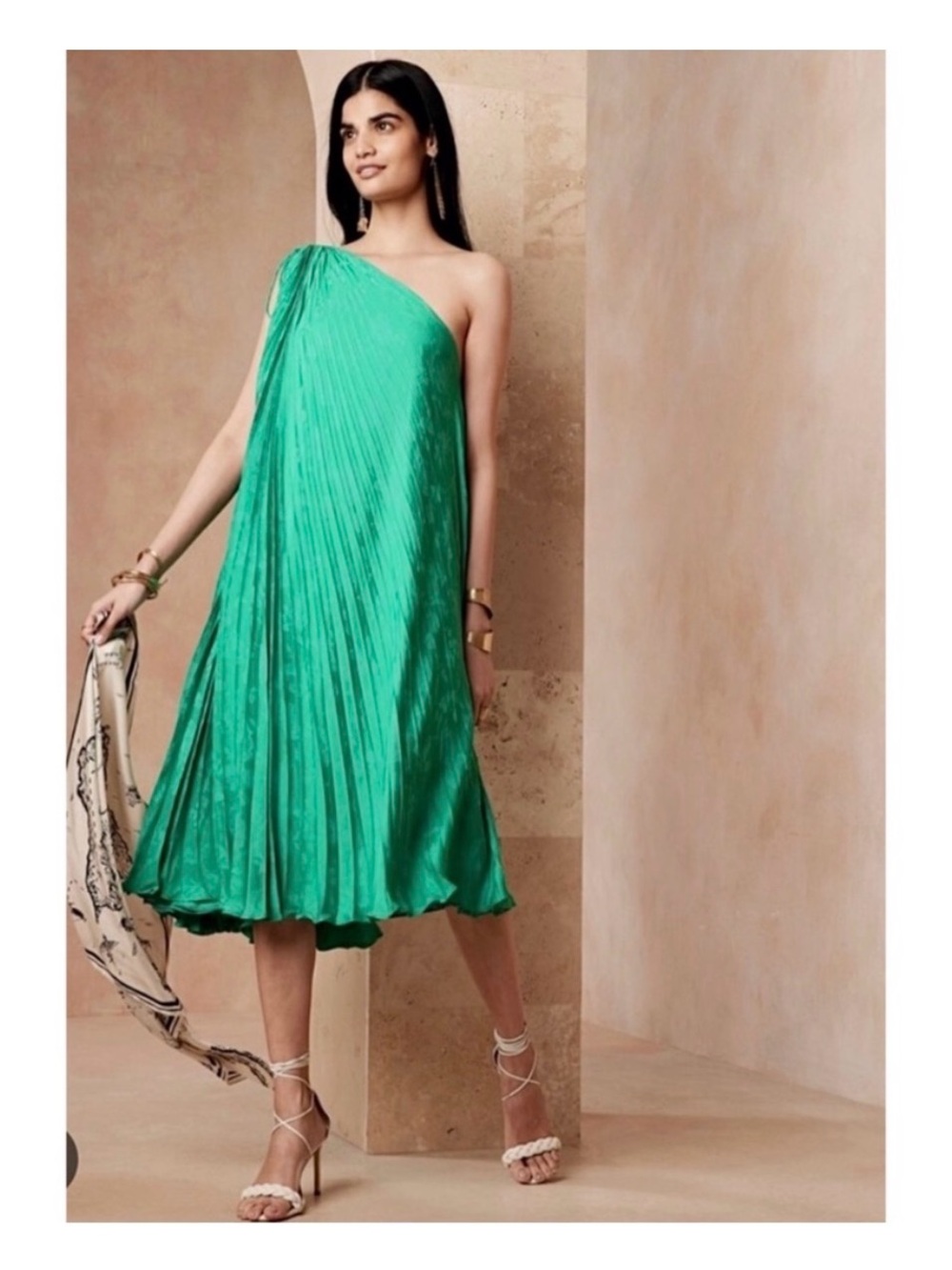 Banana Republic One-Shoulder Emerald Green Pleated Dress